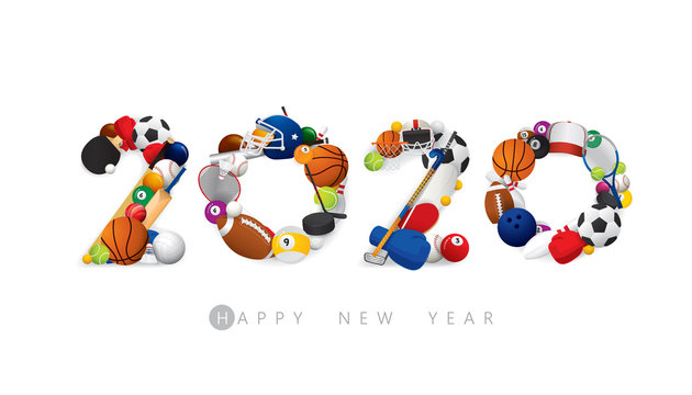 Vector Happy New Year 2020  text design with sports concept isolated on white background.