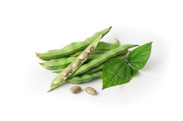Isolated green bean (pea) pods with leaves. 
