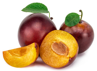 red cherry plum with green leaves isolated on white background