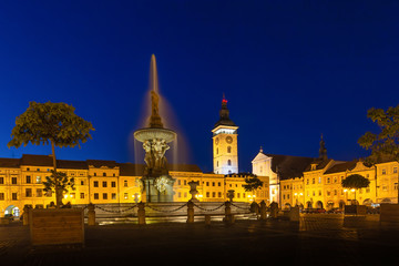 Fototapeta premium Historic center of Ceske Budejovice at night, Budweis, Budvar, South Bohemia, Czech Republic, Europe.