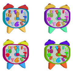 Vector set of bright alarm clocks. Paper alarm clocks. Isometric. Isolated on white background.