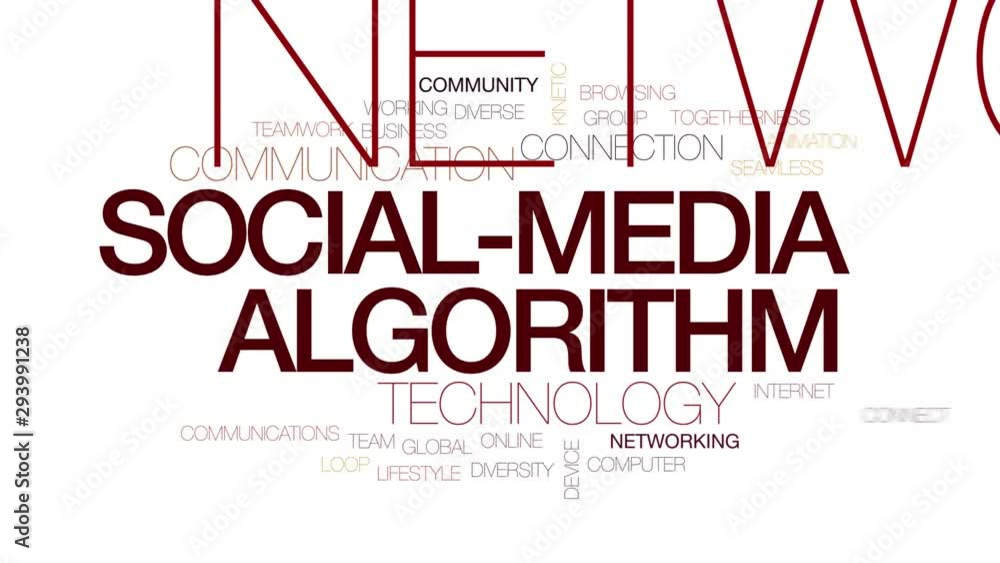 Poster social-media algorithm animated word cloud. kinetic typography.