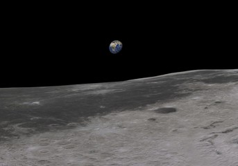 Blue Earth seen from the Moon. 3D illustration.