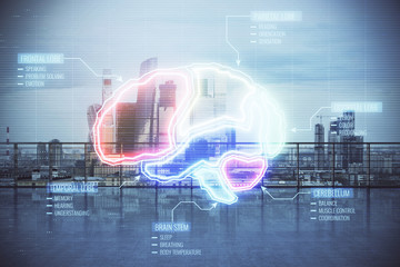 Brain hologram with city view from roof top background. Double exposure. Study concept.