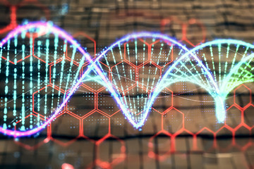 DNA hologram with abstract background. Multi exposure. Concept of science
