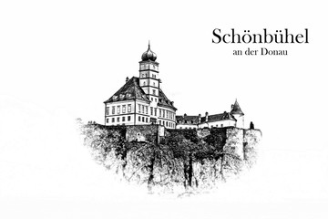 Castle Schonbuhel, Wachau, Austria - Vintage travel sketch.
