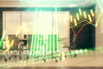 Double exposure of forex chart on conference room background. Concept of stock market analysis