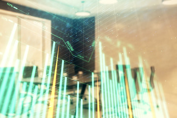 Double exposure of forex chart on conference room background. Concept of stock market analysis
