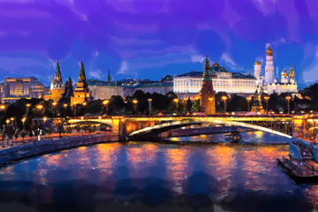 Illuminated Moscow Kremlin, Kremlin Embankment and Moscow River at night in Moscow, Russia. Watercolor style.