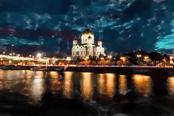 Fototapeta na wymiar Illuminated Cathedral of Christ the Savior framed with old style street lights of Patriarchy Bridge at night. Watercolor style.