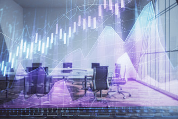 Multi exposure of stock market graph on conference room background. Concept of financial analysis