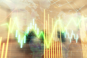 Double exposure of stock market graph with globe hologram on conference room background. Concept of international finance