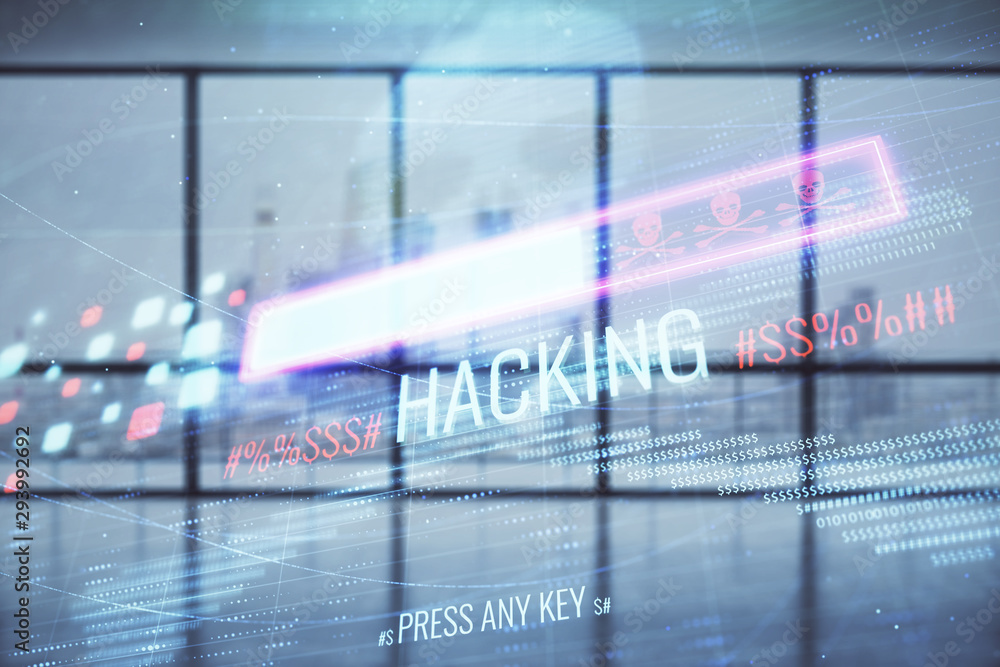 Poster double exposure of hacking theme drawings hologram on empty room interior background. data security 