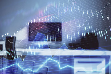 Stock market chart and desktop office computer background. Multi exposure. Concept of financial analysis.