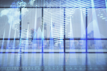 Double exposure of financial chart with world map on empty room interior background. International market concept.