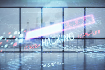 Double exposure of hacking theme drawings hologram on empty room interior background. Data security...