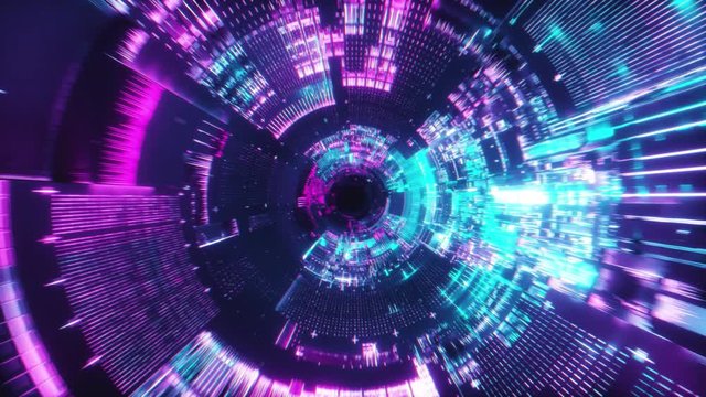 Flying into spaceship tunnel, sci-fi spaceship corridor. Futuristic technology abstract seamless VJ modern ultraviolet neon spectrum. Motion graphic for internet, speed. Seamless loop 3D render