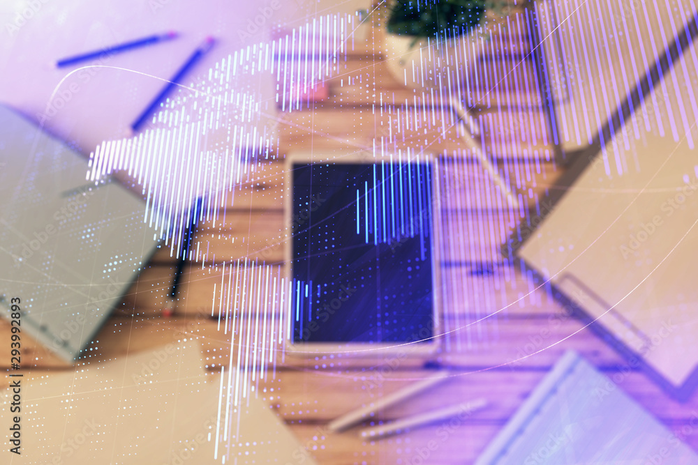 Poster double exposure of world map drawing on digital tablet laying on table background. concept of intern