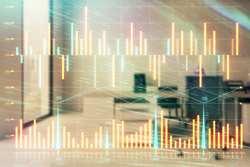 Stock market chart with trading desk bank office interior on background. Double exposure. Concept of financial analysis