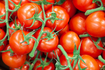 Closeup delicious red cherry tomatoes. Summer tray market agriculture farm full of organic vegetables. Healthy eating. It can be used as background. (selective focus)