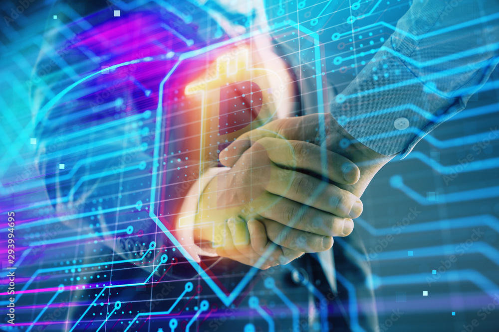 Aufkleber multi exposure of bitcoin sign on abstract background with two men handshake. concept of cryptocurre