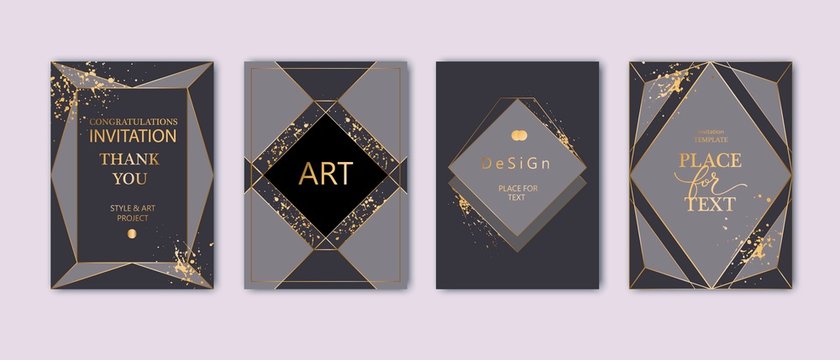 Modern Card Design. Hand Drawn Splatters. Gold, Black, Grey Brochure, Flyer, Invitation Template. Business Identity Style. Geometric Shape, Artistic Frame. Vector.