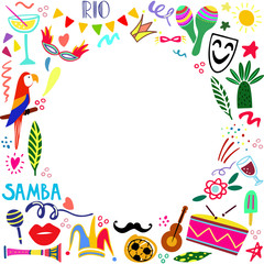 Hand drawn vector illustration on a Brazilian carnival theme. Bright elements of the festival and Brazilian culture. Drums, parrots, masks, garlands on a white background. Template for print, poster, 