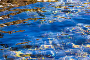 The surface of clear water in a pond