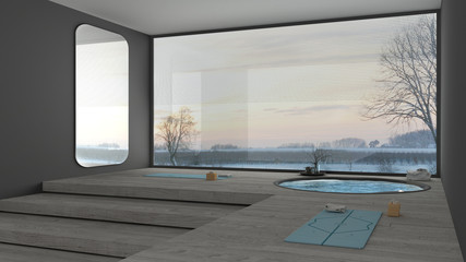 Empty yoga studio interior design, minimal space with stairs, round pool, parquet floor, mats and accessories, ready for yoga practice, meditation, big panoramic window, winter view