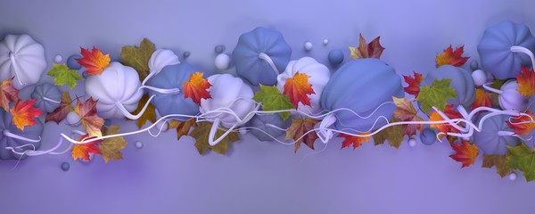 Autumn composition on a horizontal background of blue and white pumpkins, twigs, balls and bright autumn foliage. Halloween. 3D illustration