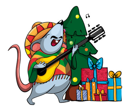 a rat in a Mexican hat sings songs to the guitar. in the background a Christmas tree with gifts