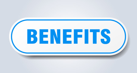 benefits sign. benefits rounded blue sticker. benefits