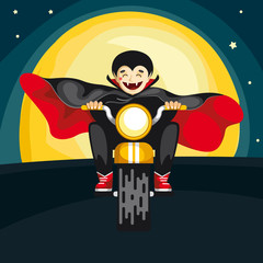 Halloween party. cute vampire and witch riding a bike. greeting card. invitation card, banner