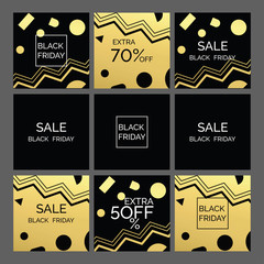 Black friday SALE coupons kit for your business. Promo action universal labels set with golden memphis 80s motive