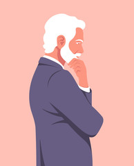 Portrait of a pensive man in profile. An elderly businessman is meditating. Problems in business. Vector flat illustration - obrazy, fototapety, plakaty