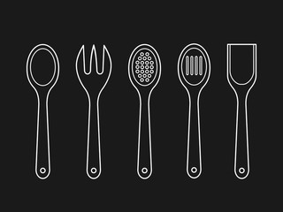 Wooden spoons outline on black background. Mixing spoon, spatula, fork, strainer. Kitchen utensils linear icons. Kitchen tools set. Cooking concept. Cook equipment. Vector illustration, flat, clip art
