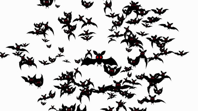 Halloween themed transition. Black symbol of Halloween pumpkin which turns into bat mice flying right into the screen on white background