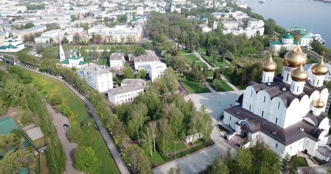 Aerial view of Assumption Cathedral on bank of Volga River and famous Strelka park in Russian city of Yaroslavl 