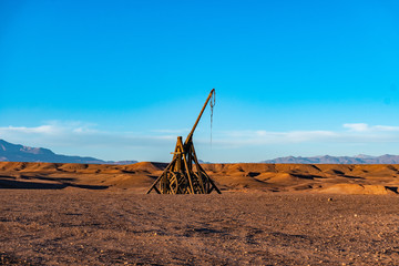 Medieval trebuchet in Sahara desert, Morocco. Atlas Mountains, at Studio polygone