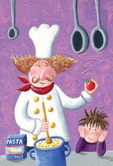 Obraz na płótnie Canvas Worried chef prepares pasta in the kitchen - cheerful boy watching him