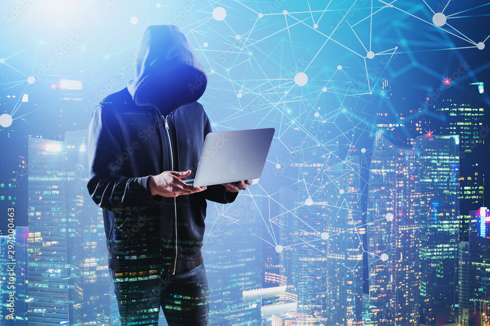 Poster hacker with laptop in city, network interface