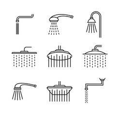 Shower head type icons set. Outline style different shower symbols. Douche shapes. Adjustable line width. - 294000464