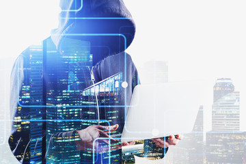 Hacker using network interface in city