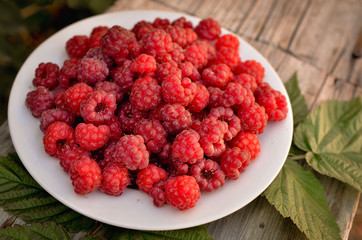 Fresh beautiful raspberries lie that dish in the park. Raspberries and its leaves in a still life....
