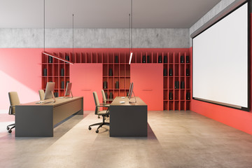 Side view of bright red loft office mock up screen