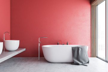 Fototapeta na wymiar Red bathroom interior with tub and sinks