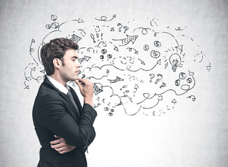 Thoughtful businessman, business strategy sketch