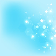 Abstract background of molecules. Molecular structures or DNA strand, genetic engineering, neural network, innovation technology, scientific research. Technological, science and medicine concept.