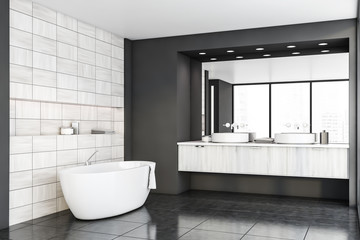 Gray and wooden tile bathroom corner