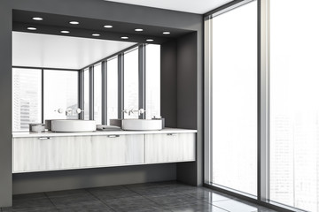 Fototapeta na wymiar Panoramic gray bathroom corner with sink